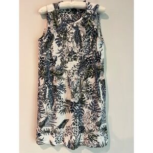 Tropical Floral Leopard Print Linen Blend Sleeveless Shift Dress with Pockets S